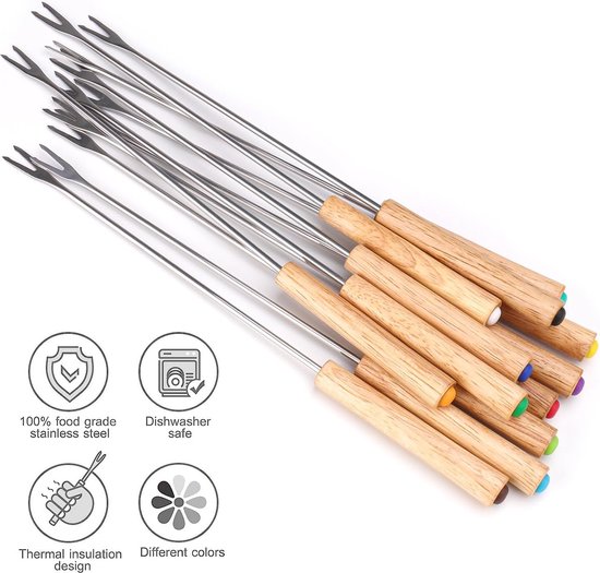 Bondoo Fonduevorken - Set van 12 - Houten Handgrepen met kleur - 24 cm - hittebestendig voor chocoladefontein kaasfondue gebraden marshmallows fruit - fondue chocolade - fonduevorken set - fondue prikkers - fonduevorkjes - fondue accessoires - Hout van Bondoo — afbeelding 3