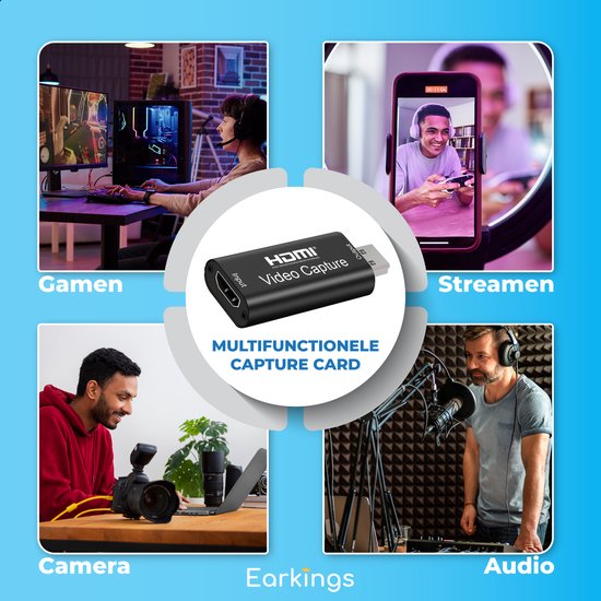 Zwarte HDMI-videokaart met tekst: Multifunctionele capture card. Omringd door vier afbeeldingen: gamen, streamen, camera en audio.