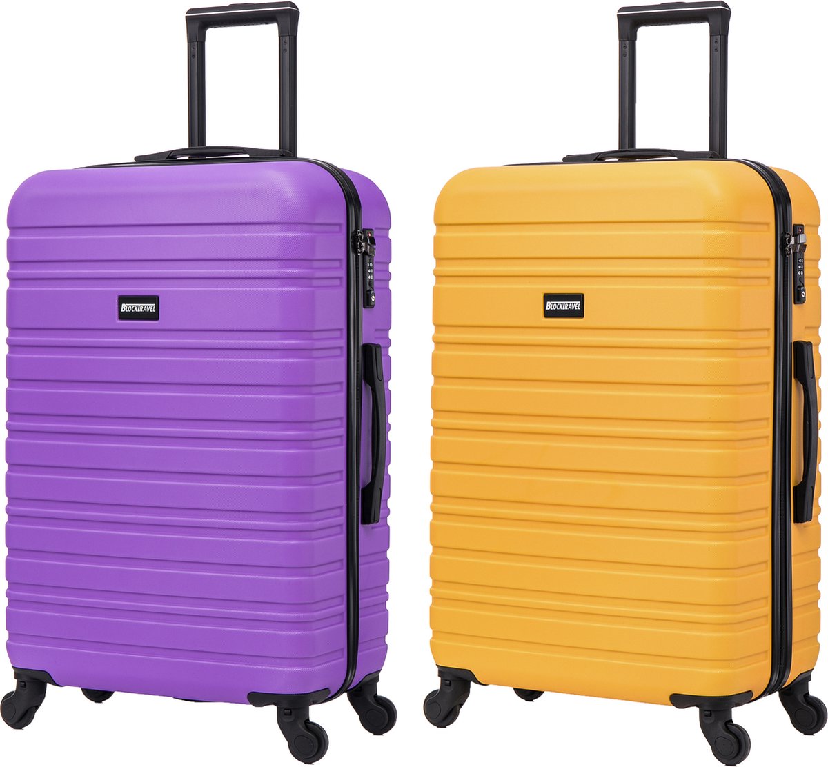 BlockTravel - kofferset - 2 delig - ABS - ruimbagage - met wielen afneembaar - 74 liter - inbouw TSA slot - geel - paars