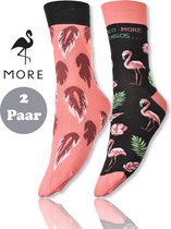 More Fashion - Chaussettes pour femme - Multipack 2 paires - Taille 35 36 37 - Joli imprimé asymétrique - Coloré - Flamingo rose - Imprimé animal - Katoen - Sans couture - MADE IN EU