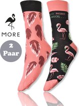 More Fashion - Dames Sokken - Multipack 2 Paar - Maat 35 36 37 - Leuk Asymmetrisch Print - Kleurrijk - Flamingo - Roze - Dierenprint - Katoen - Naadloos - MADE IN EU