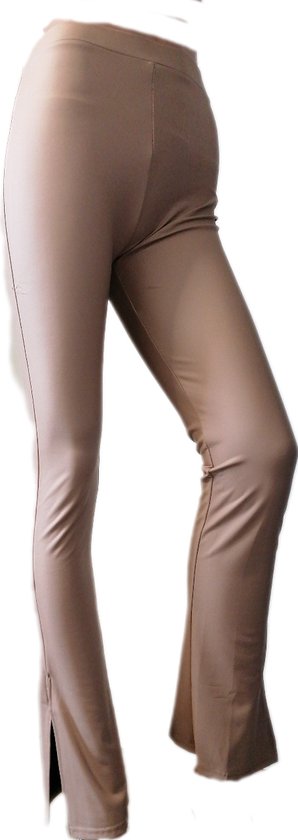Dames - Flared Legging - Letherlook - Split aan de zijkant - Comfort - Highwaist - Elastisch - Tummy Control - Kleur Taupe - Maat XL-XXL