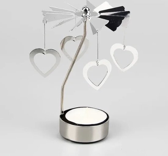 K&M Waxinelichthouder - Zilveren hartjes - kandelaar - theelichtje - draaiende carrousel - cadeau - geschenk - kerst - verjaardag - cadeau artikel