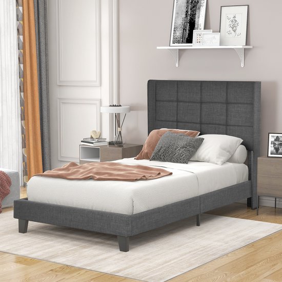Sweiko modern design gestoffeerd bed met gestoffeerd hoofdeinde, 90x200cm, in grijs linnen, medium stevig (zonder matras)