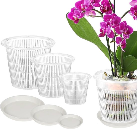 Orchidee potten transparant kunststof 2 stuks Ø 11, 14, 16, 19cm + schotels