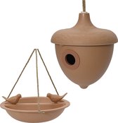 Decoris Vogelhuisje en voederschaal/vogelbadje - terracotta - bamboe - nestkastje