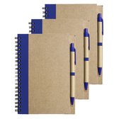 Notitie/opschrijf boekje met balpen - 6x - harde kaft - beige/blauw - 18x13cm - 60blz gelinieerd - blocnotes