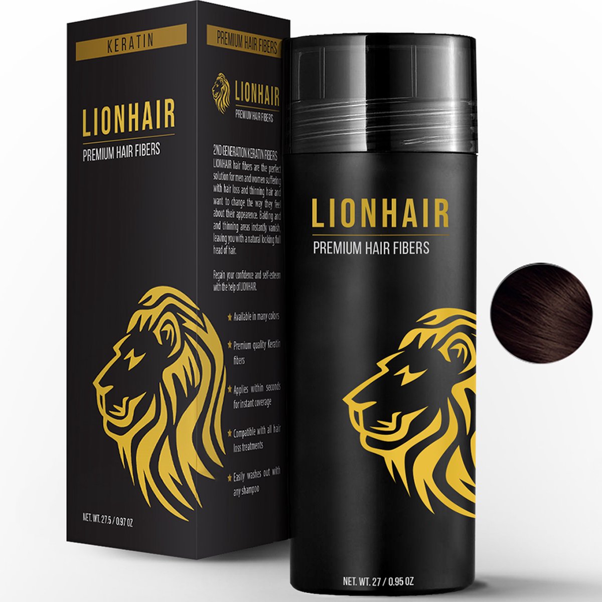 Lionhair Premium Haarpoeder / Volume poeder Voor Kale Plekken - Verbergt Haaruitval In Seconden Voor Mannen & Vrouwen - 27gr - DONKER BRUIN