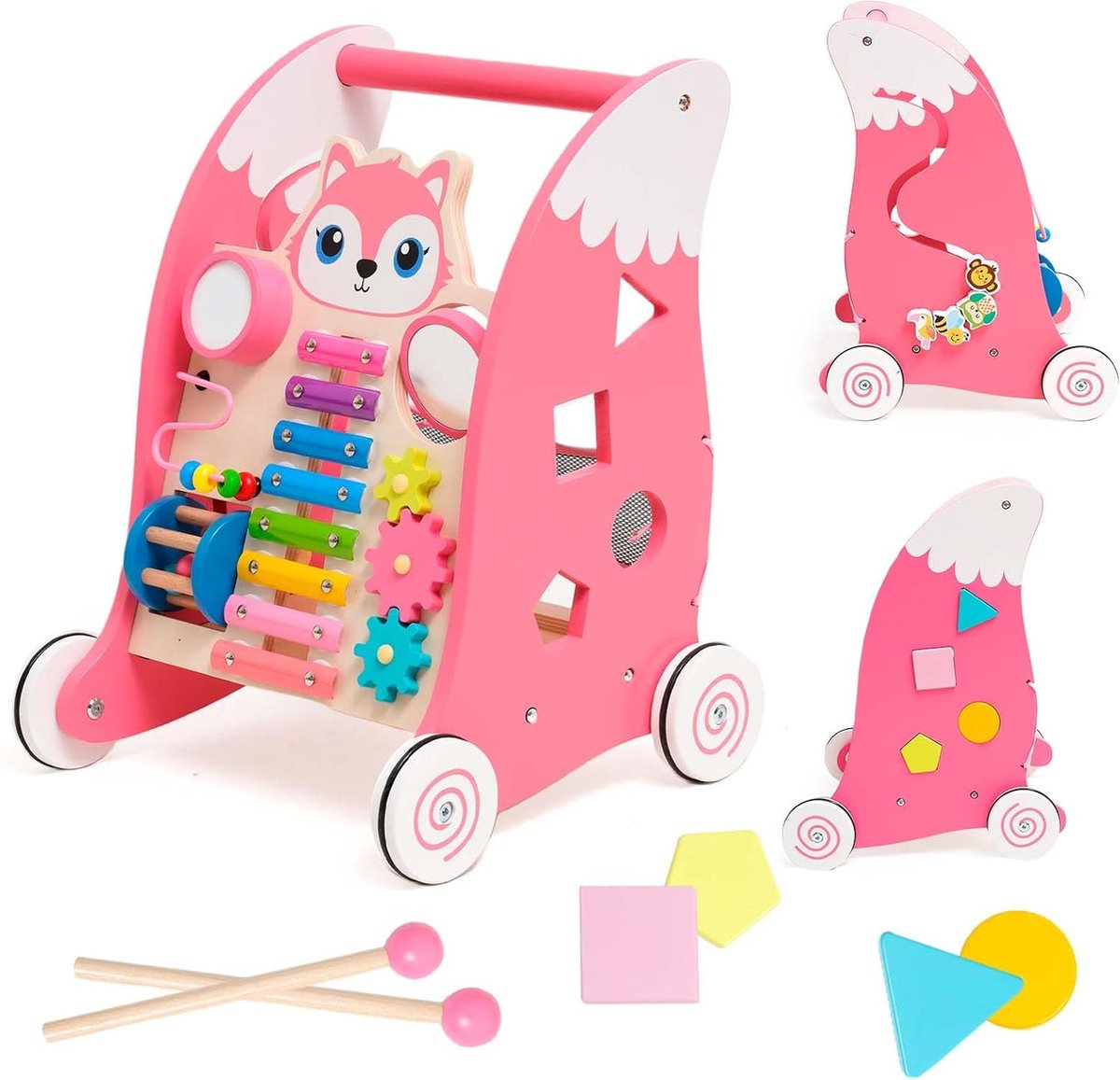 Loopwagen voor baby's Houten wandelwagen voor baby's met Montessori-speelgoed Babywalker met rubberen banden Educatief speelgoed met vormsortering spiegels xylofoon voor kinderen vanaf 6 maanden