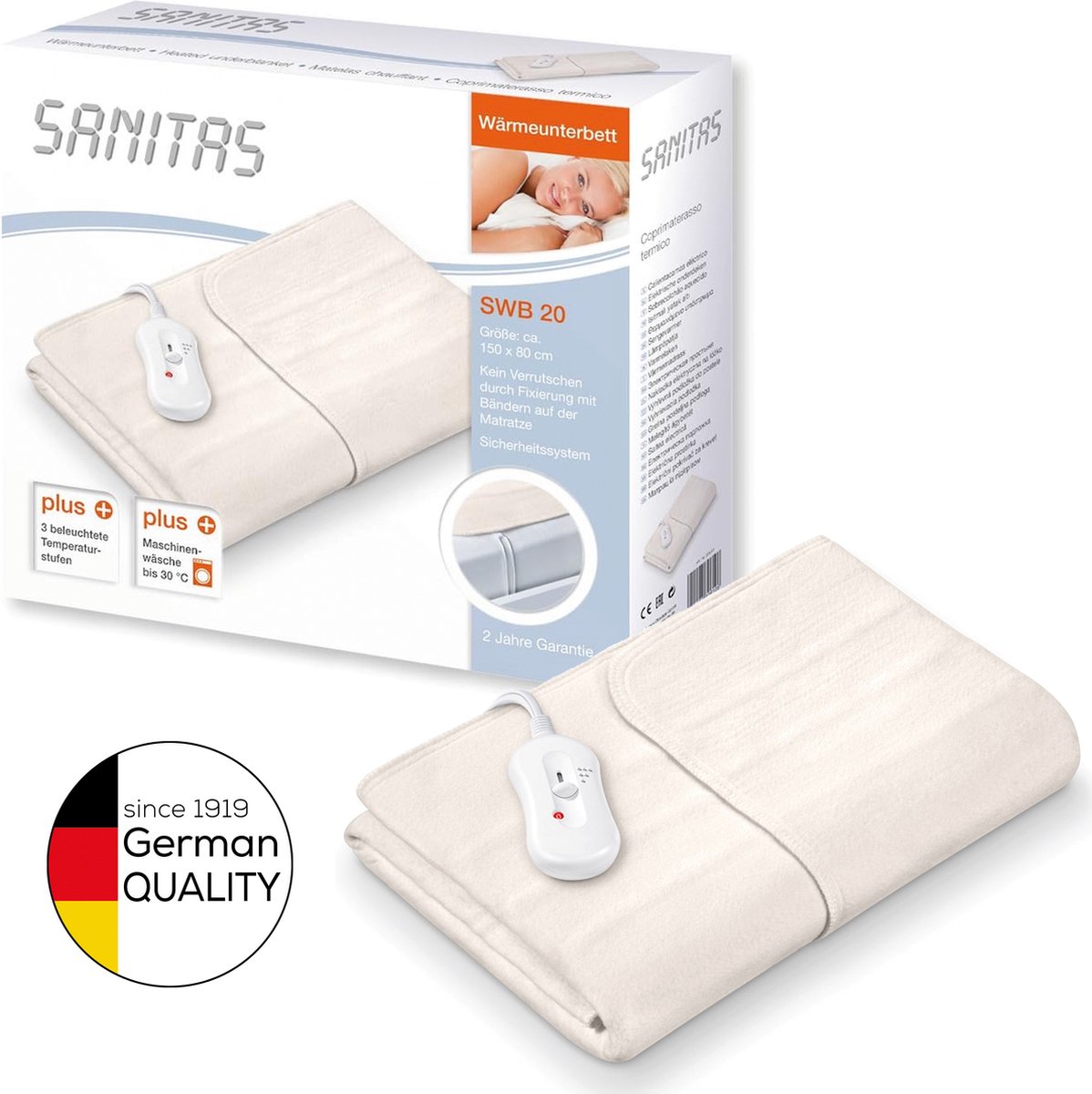 Sanitas SWB 20 Elektrische deken - Onderdeken - 150 x 80 cm - SWB 20 - 3 Verlichte warmtestanden - Automatische uitschakeling - Fleece - Machinewasbaar - 2 Jaar garantie - Beige - Sanitas - €32,92