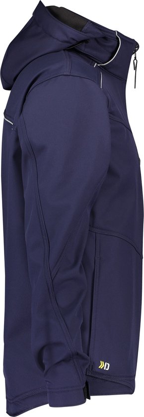 Donkerblauwe DASSY softshelljas, zijaanzicht met capuchon en reflecterende bies.