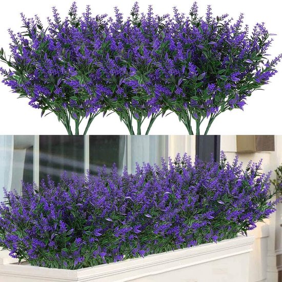 Kunstmatige Greenery Lavendel nep struiken Bloemen 12 bundels UV-bestendig opknoping planter Flora Fence Indoor Buiten Decor bruiloft tafel bloemen Arrangement boeket vuller (paars)