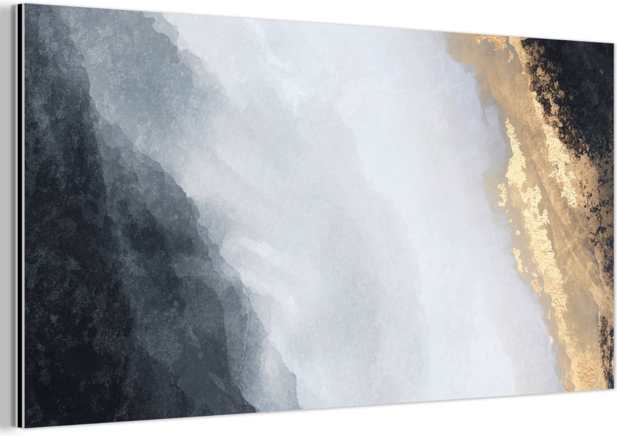 Aluminium schilderij 40x20 cm - Wanddecoratie metaal - Abstract - Verf - Goud - Zwart - Ma
