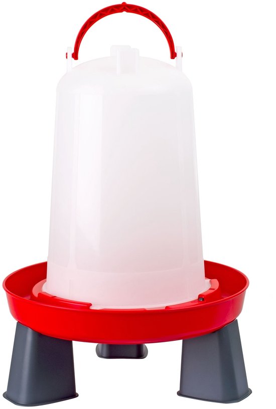 Transparante drinkbak van 3 liter met rode voet en zwarte poten. Rode handgreep bovenop.