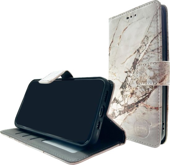 HEM Stylish Book Case (geschikt voor S24) Samsung S24 hoesje met 3 pasjesuitsnedes + fotovakje - Portemonneehoesje - pasjeshouder - Marble Wit/Goud