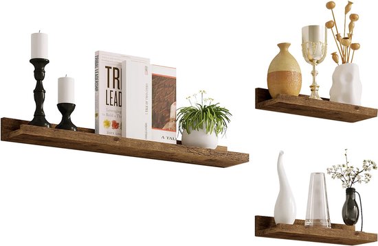 BukkitBow - Set van 3 Wandplanken - Hoogwaardig MDF - Vintage Bruin Hout - 1xGroot (60x10x5cm) & 2xKlein (30x10x5cm) - Maximale Belasting 5kg - Vintage Brown Hout