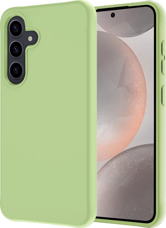 Coque de téléphone vert clair et un Samsung Galaxy S24 avec un fond d'écran abstrait.