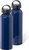 Bellatio Design Waterfles/drinkfles/sportfles - 2x - glans donkerblauw - aluminium - 800 ml - schroefdop