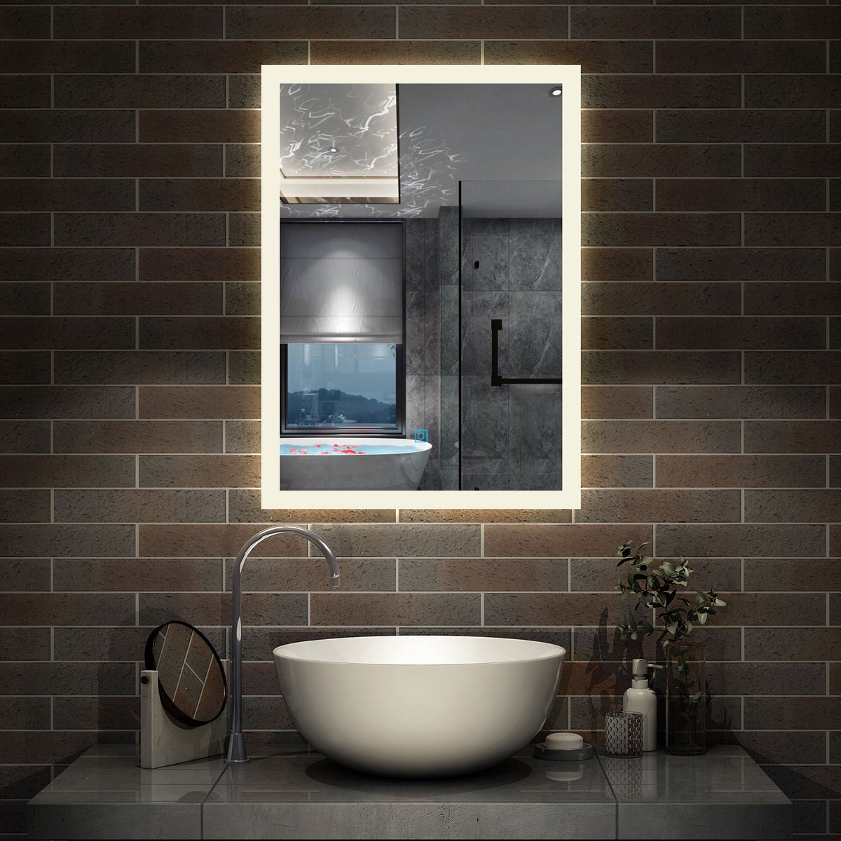 LED badkamerspiegel 90x70cm，rechthoekig ，Aanraak-/wandschakelaar, anti condensatie, koud wit/neutraal wit/warm wit，regelbaar licht, power off geheugenfunctie, IP44