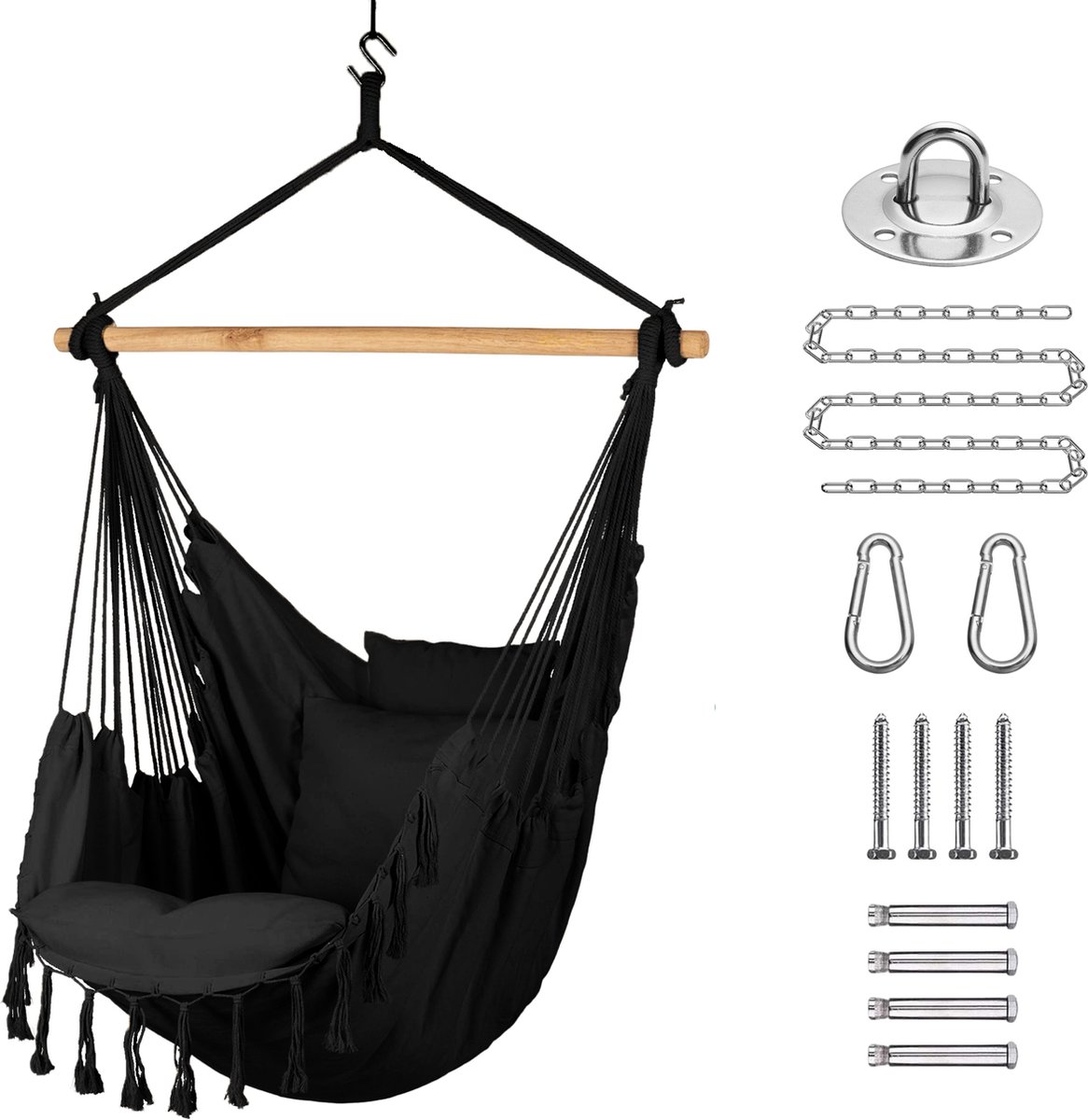 Bol.com JAXY Hangstoel - Voor Binnen en Buiten - Inclusief Ophangsysteem - Hangnest - tot 150 kg - Incl. 2 Kussens en Boekenvak ... aanbieding
