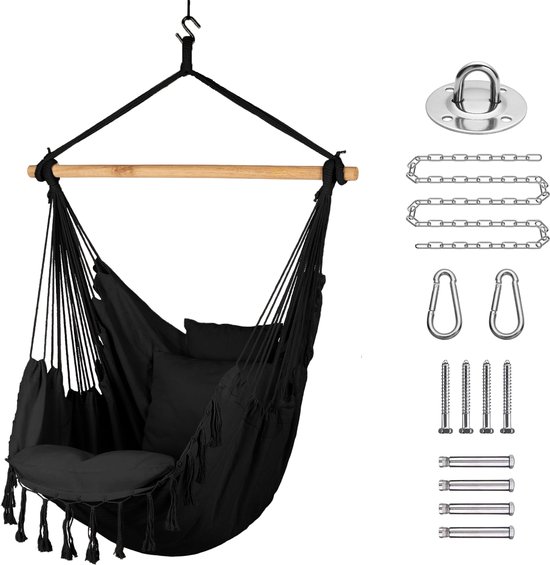 JAXY Hangstoel - Voor Binnen en Buiten - Inclusief Ophangsysteem - Hangnest - tot 150 kg - Incl. 2 Kussens en Boekenvak - Zwart