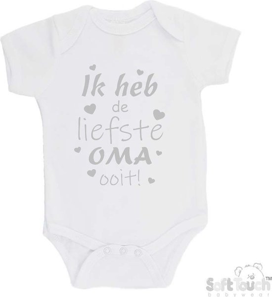 100% katoenen Romper "Ik heb de liefste Oma ooit!" Moederdag Jongens Katoen Wit/zilver shiny Maat 56/62