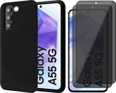 Hoesje geschikt voor Samsung Galaxy A55 - 2x Privacy Screenprotector Volledig Dekkend Glas - Mat Back Case Zwart