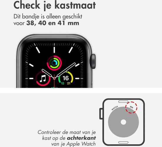 Instructiebeeld: Apple Watch (38/40/41mm) met tekst 'Check je kastmaat. Dit bandje is alleen geschikt voor 38, 40 en 41 mm' en illustratie.