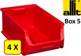 4 x Magazijnbak - grijpbak - stapelbak Allit - ProfiPlus Box 5 - 17,5 L - PP - rood