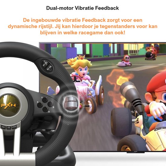 Zwart racefietsstuur met versnellingspook, afgebeeld voor een Mario Kart game op een tv-scherm, met tekst over vibratiefunctie.