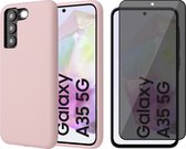 Hoesje geschikt voor Samsung Galaxy A35 - Privacy Screenprotector Volledig Dekkend Glas - Mat Back Case Roze