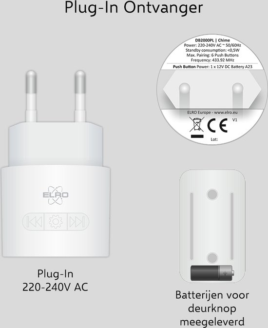 ELRO DB2000 Draadloze Deurbel Set - met 2 Compacte Plug-In Ontvangers - Bereik 200 meter - IP65 Waterdicht - 64 Melodieën - Wit — afbeelding 3