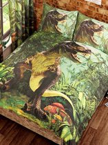 dekbedovertrek garçon 1 personne (housse de couette) « T- Rex» vert avec grand dinosaure rugissant (dino) entre arbres, arbustes, plantes et champignons dans la nature sauvage simple 140 x 200 cm (idée cadeau pour les enfants !)