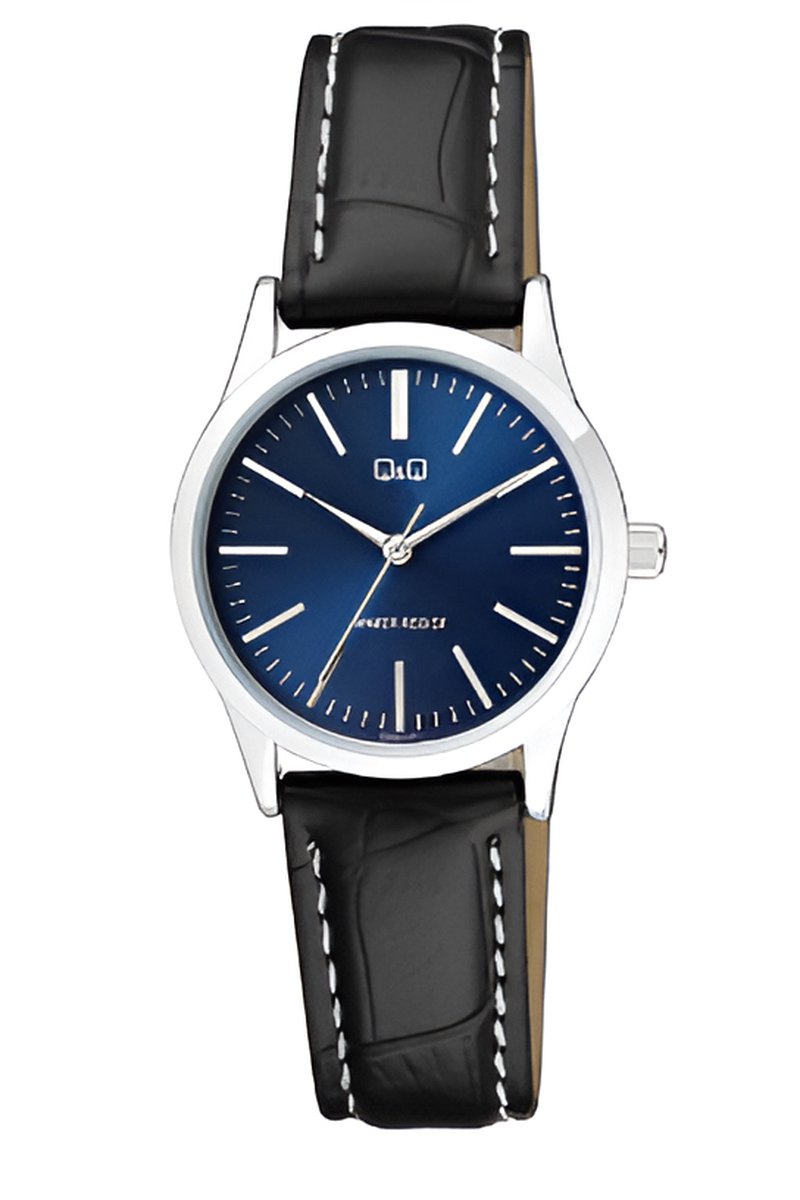 QQ C09A-014PY - Horloge - Analoog - Vrouwen - Dames - Blauw-Leren band - Rond - Metaal - Cijfers - Zwart- Zilverkleurig -3 ATM