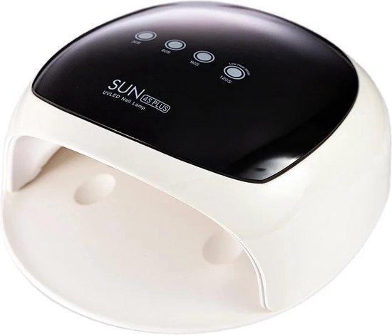 Zij-aanzicht van een witte SUN 4S PLUS UV/LED nagellamp met digitale timer.