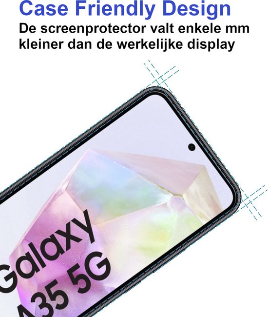 Screenprotector valt iets kleiner dan display. Galaxy A35 5G.