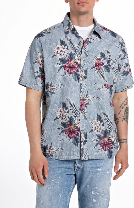 Replay shirt ALL OVER PRINTED COTTON LT BLUE & HIBISCUS (M4119000.74920 - 010)