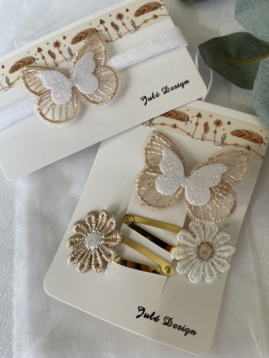 Julé Design haar accessoires set vlinder / bloem beige / wit