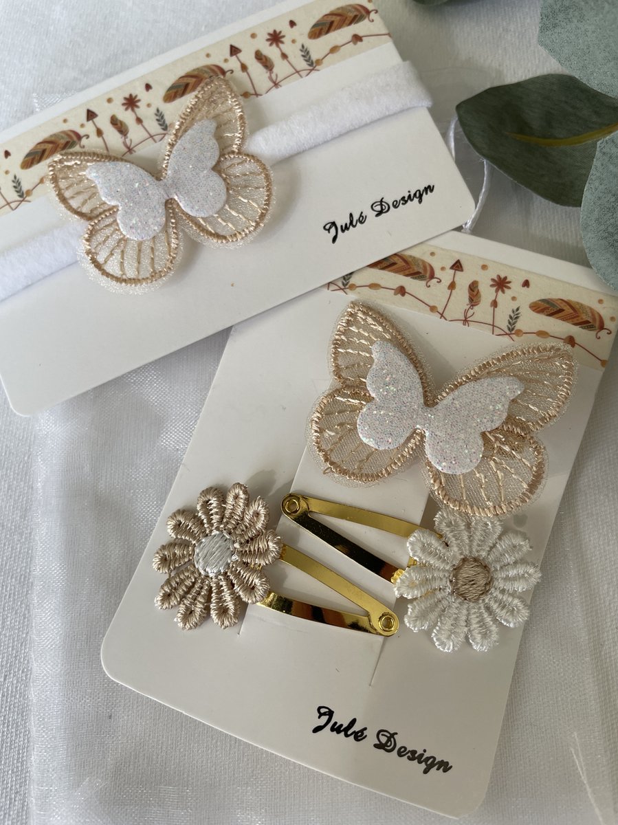 Julé Design haar accessoires set vlinder / bloem beige / wit