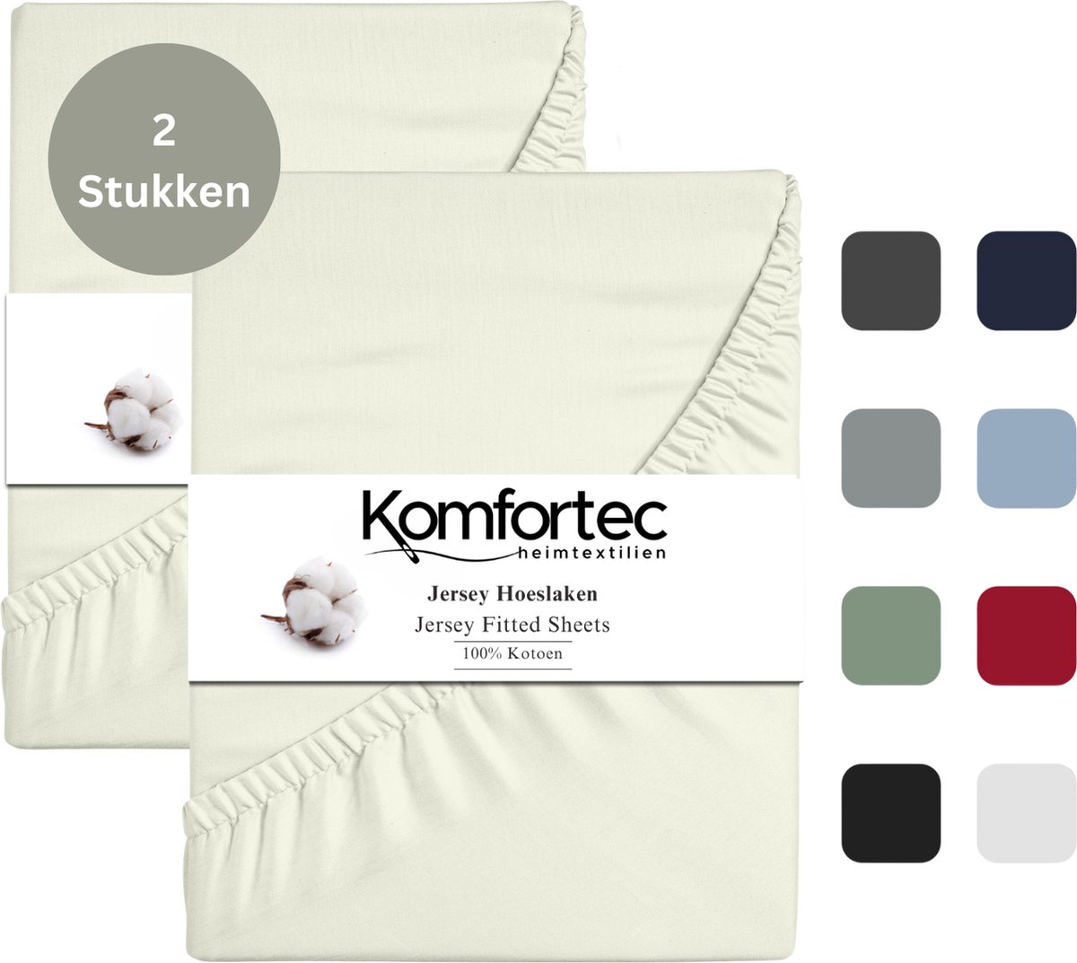 Komfortec Jersey Stretch 2x Hoeslaken 90x200 cm - Dubbelpak- 30cm Matrasdikte- Rondom Elastiek - 100% Katoen - Beige