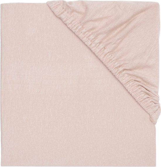 Roze jersey hoeslaken met elastiek, van bovenaf gezien.