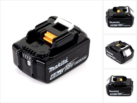 Zwarte Makita 18V 6.0Ah lithium-ion accu met gele connector, witte ontgrendelingsknop en batterij indicator, met detailfoto's.