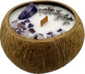 100% Natuurlijke, duurzame en handgemaakte kokosnoot soja wax geurkaars - Woodwick lont - Met kristallen en gedroogde bladeren - Geur: lavendel
