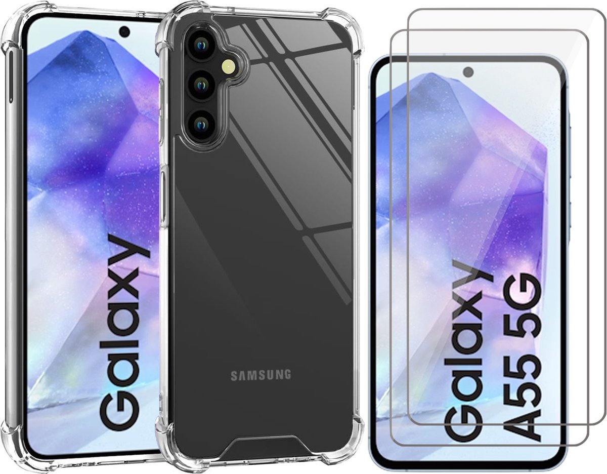 Hoesje geschikt voor Samsung Galaxy A55 - 2x Screenprotector Glas - Shockproof Transparant