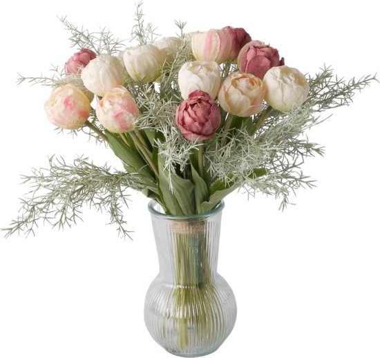 WinQ- Boeket Kunst Tulpen 21 stuks - Inclusief glasvaas - Boeket zijden Tulpen 40cm - mooie Voorjaarskleuren - Kunstbloemen - zijden bloemen
