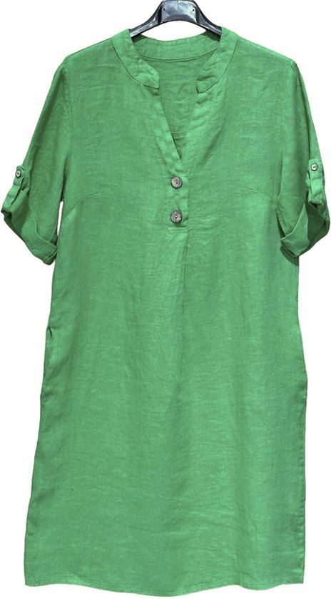 Mooi linnen jurk - v-hals - kraag - 7/8 mouwen - zijzakken en knoppen voorkant - kleur GRAS GROEN - maat 44