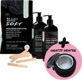 WXLab ontharingswax pakket SOFT - Wax kit met GRATIS Wax heater t.w.v. €29,50 (zwart), 800gr Hypoallergene Film wax korrels (vegan), huidreiniger, Soothing Cream en 100 houten wax spatels