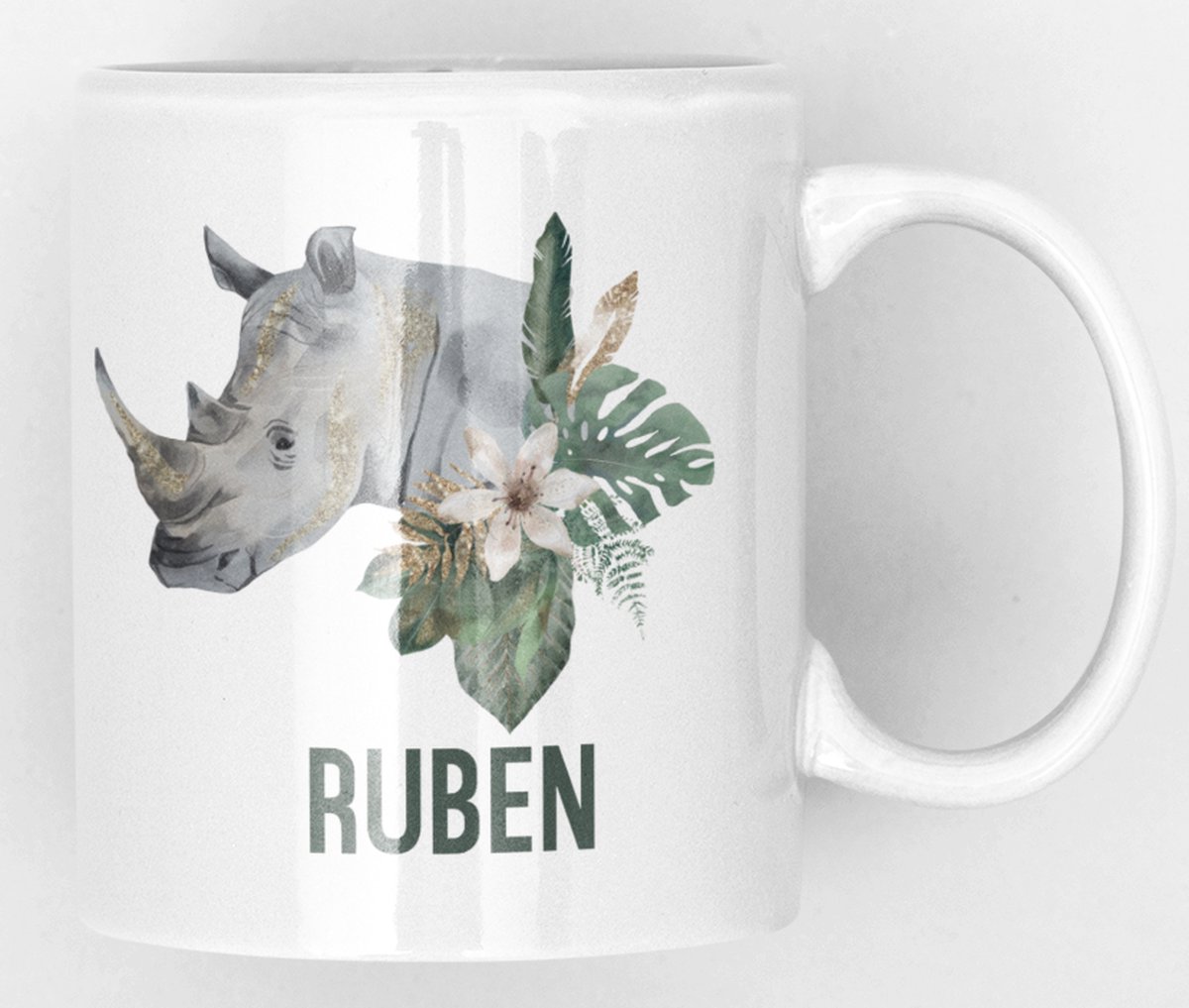 Mok met neushoorn en naam