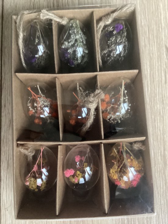 Paashangers met droogbloemen glas 9 stuks - 9 eierhangers - hanger - eivorm - roze oranje paars