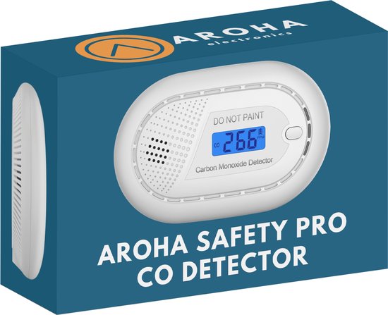 Doos met de tekst 'AROHA SAFETY PRO CO DETECTOR'. Toont een witte koolmonoxidemelder met digitaal display.